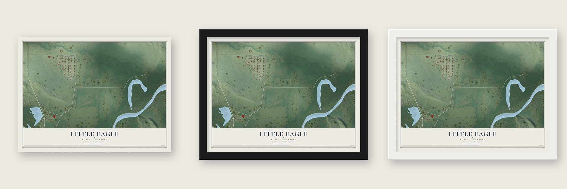 Little Eagle, South Dakota map unframed, in a black wood frame and in a white wood frame