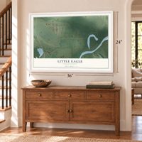 Little Eagle, South Dakota map, 24 x 36 inch print in a white frame above a dresser by a staircase