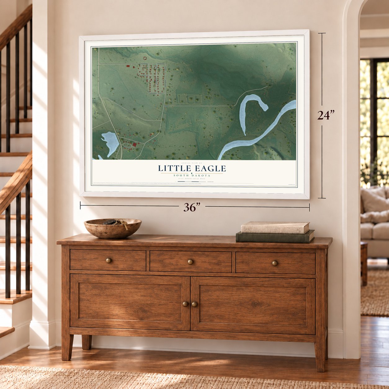 Little Eagle, South Dakota map, 24 x 36 inch print in a white frame above a dresser by a staircase