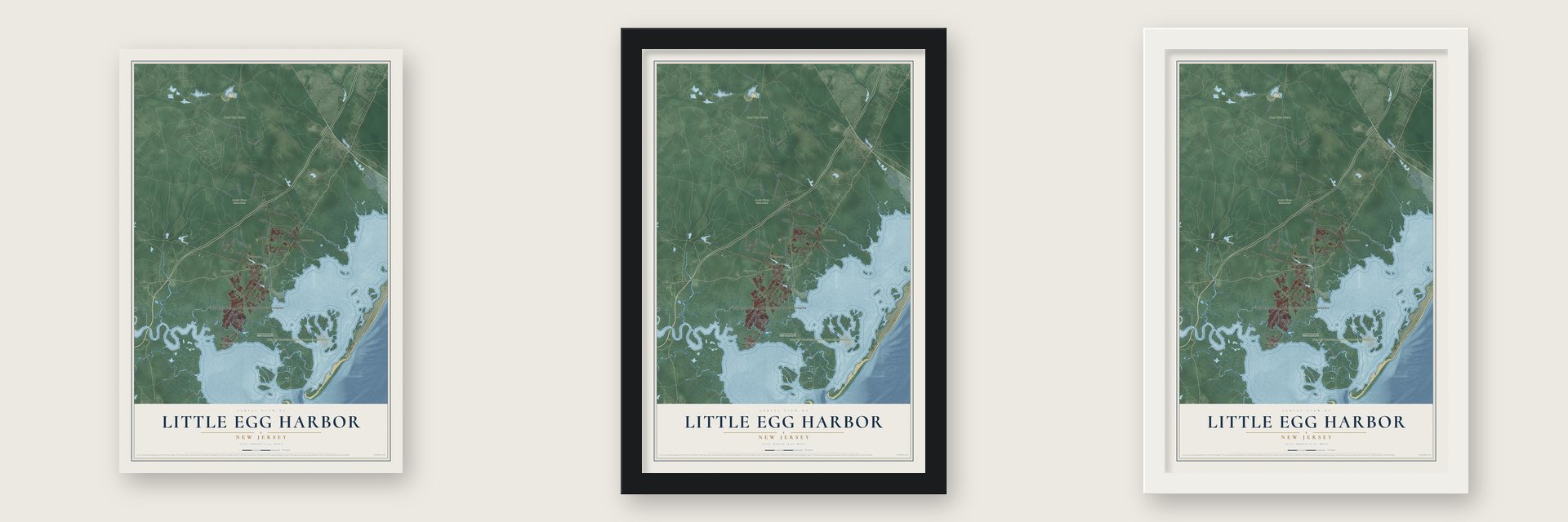 Little Egg Harbor, New Jersey map unframed, in a black wood frame and in a white wood frame