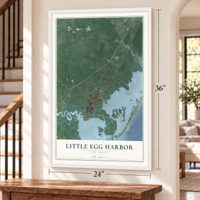 Little Egg Harbor, New Jersey map, 24 x 36 inch print in a white frame by a staircase