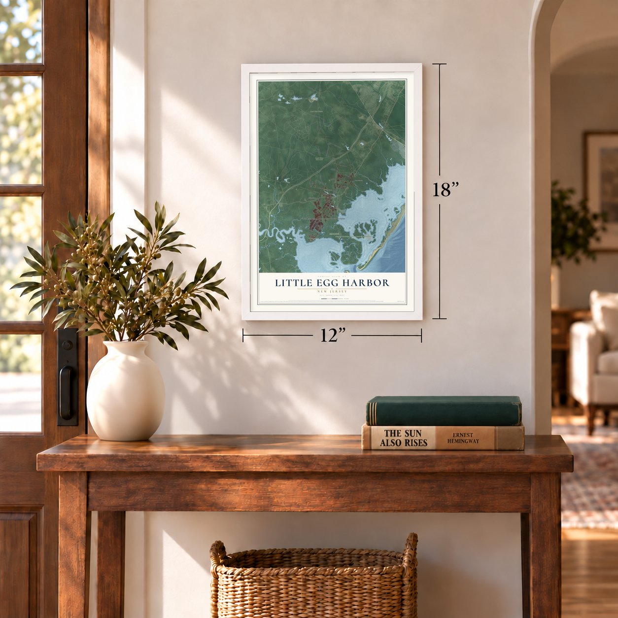 Little Egg Harbor, New Jersey map, 12 x 18 inch print in a white frame in an entryway