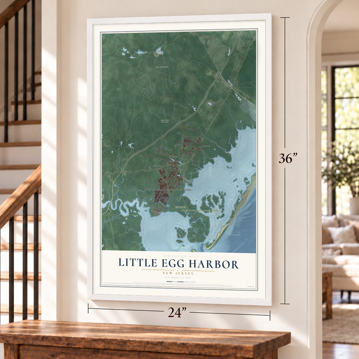 Little Egg Harbor, New Jersey map, 24 x 36 inch print in a white frame by a staircase