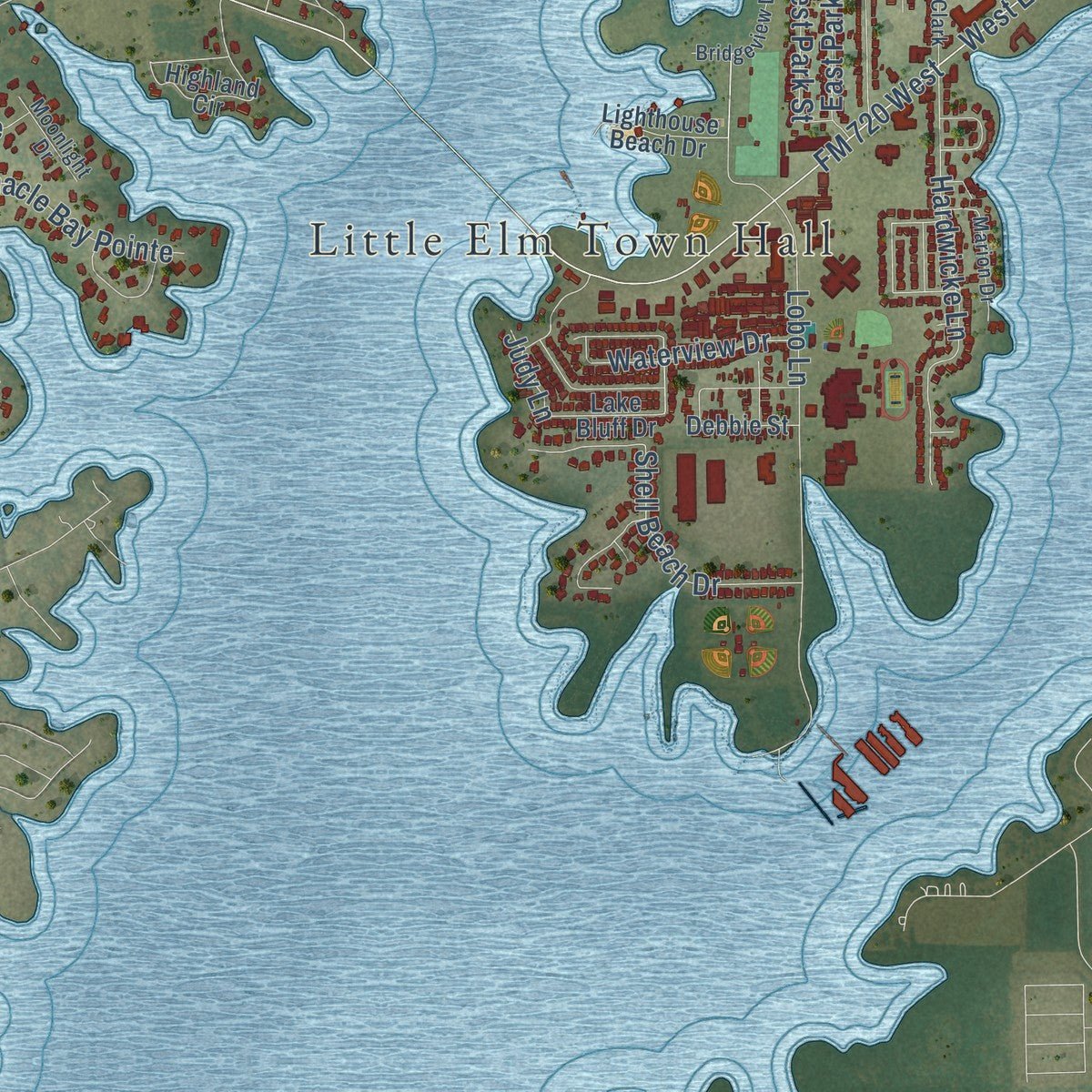 Second close-up of the map of Little Elm, Texas print showing more streets and buildings