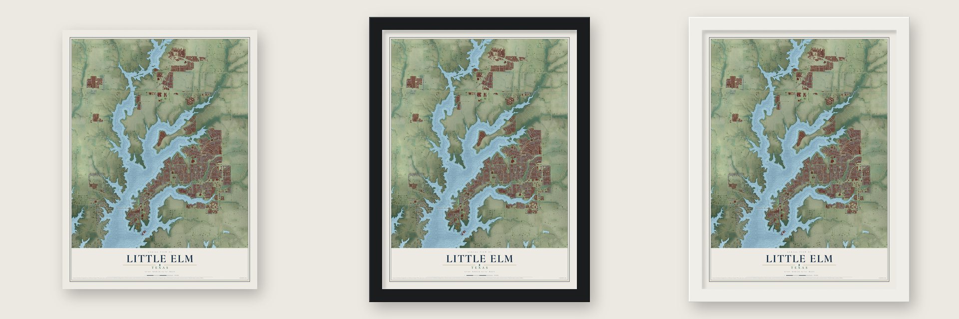 Little Elm, Texas map unframed, in a black wood frame and in a white wood frame