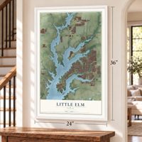 Little Elm, Texas map, 24 x 36 inch print in a white frame by a staircase