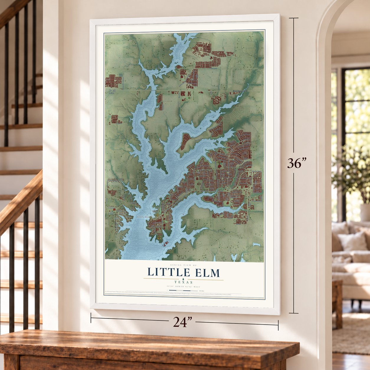 Little Elm, Texas map, 24 x 36 inch print in a white frame by a staircase