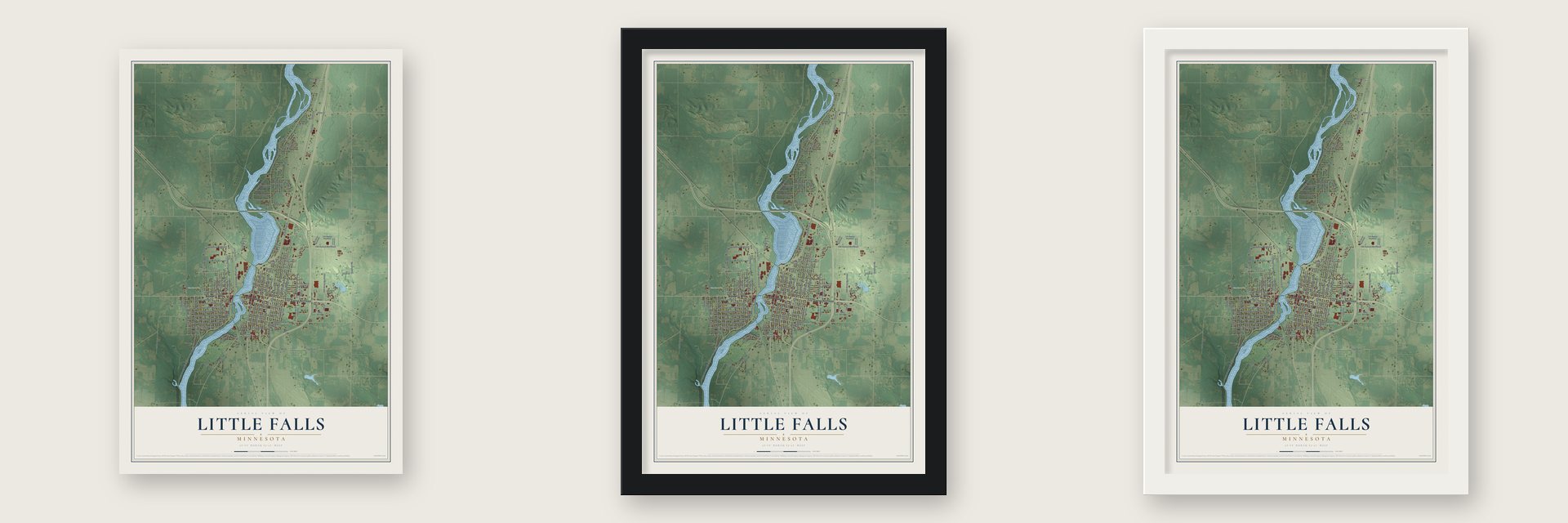 Little Falls, Minnesota map unframed, in a black wood frame and in a white wood frame
