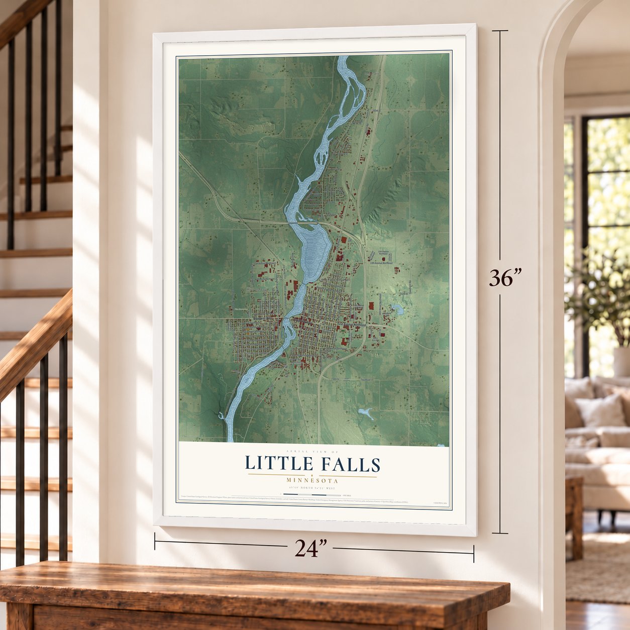 Little Falls, Minnesota map, 24 x 36 inch print in a white frame by a staircase