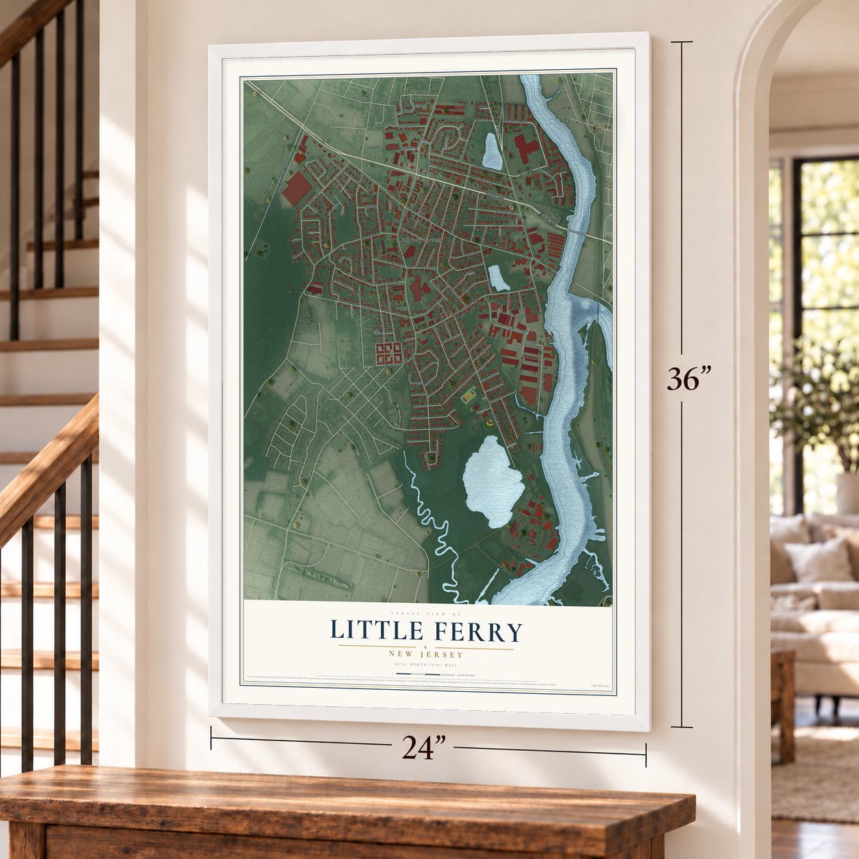 Little Ferry, New Jersey map, 24 x 36 inch print in a white frame by a staircase