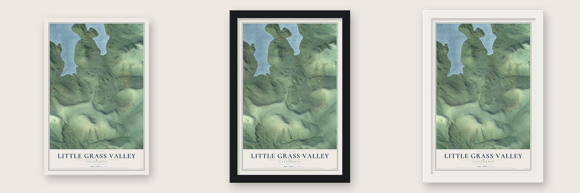 Little Grass Valley, California map unframed, in a black wood frame and in a white wood frame