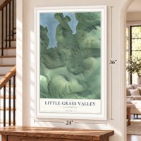 Little Grass Valley, California map, 24 x 36 inch print in a white frame by a staircase