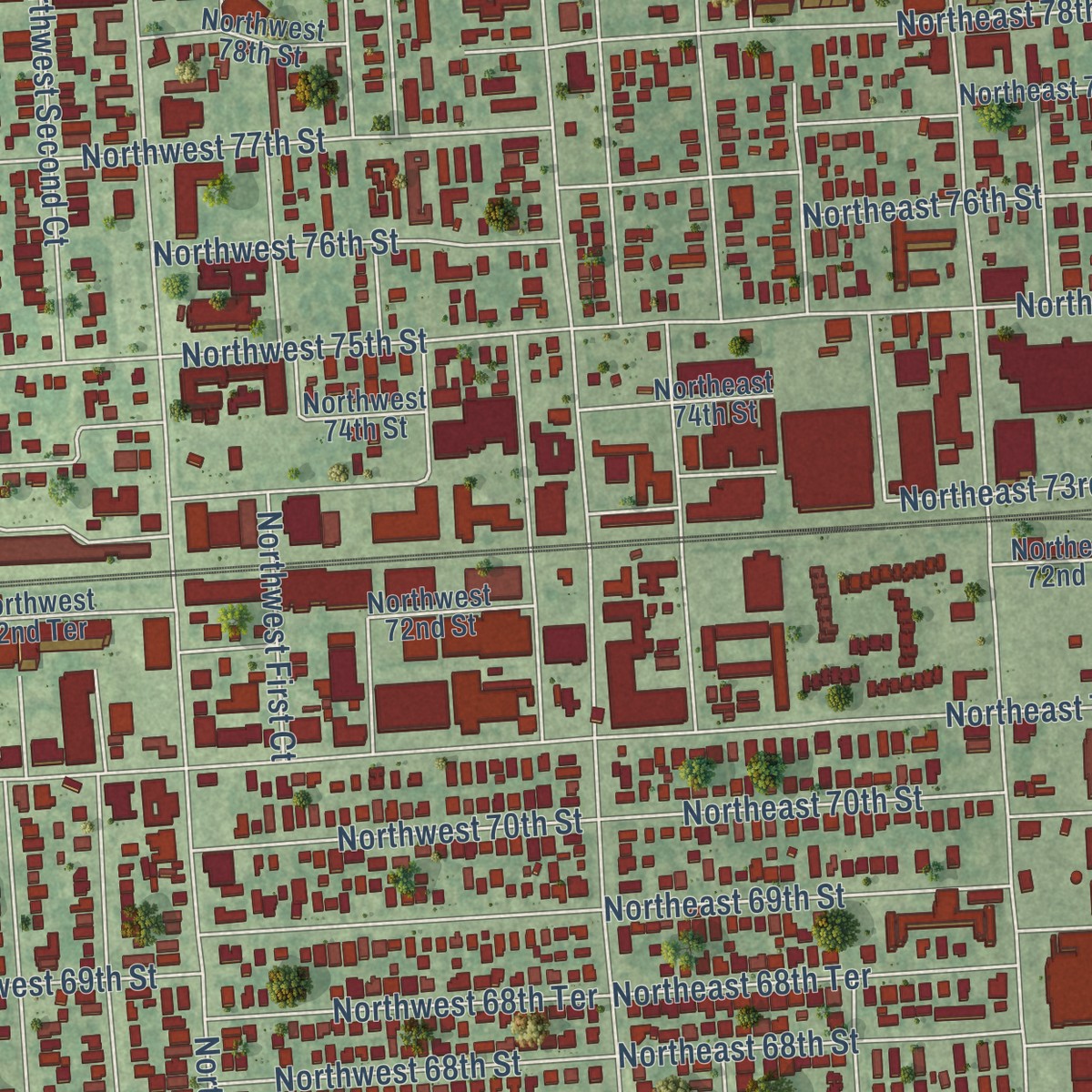 Second close-up of the map of Little Haiti, Florida print showing more streets and buildings