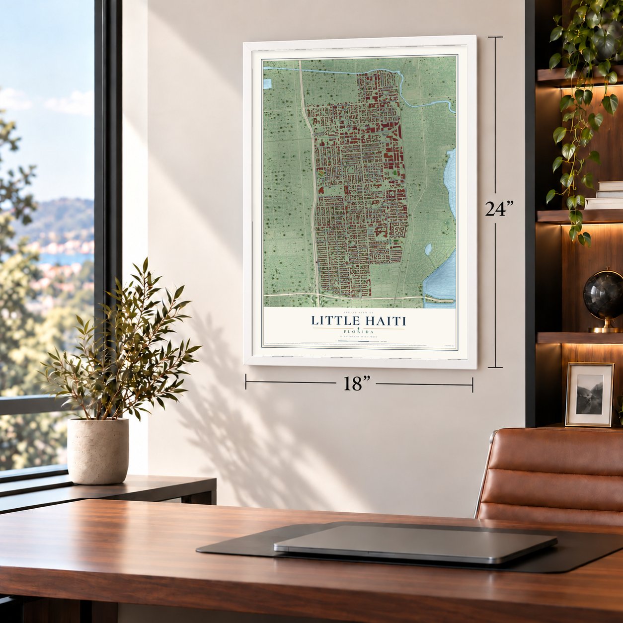 Little Haiti, Florida map, 18 x 24 inch print in a white frame in a home office