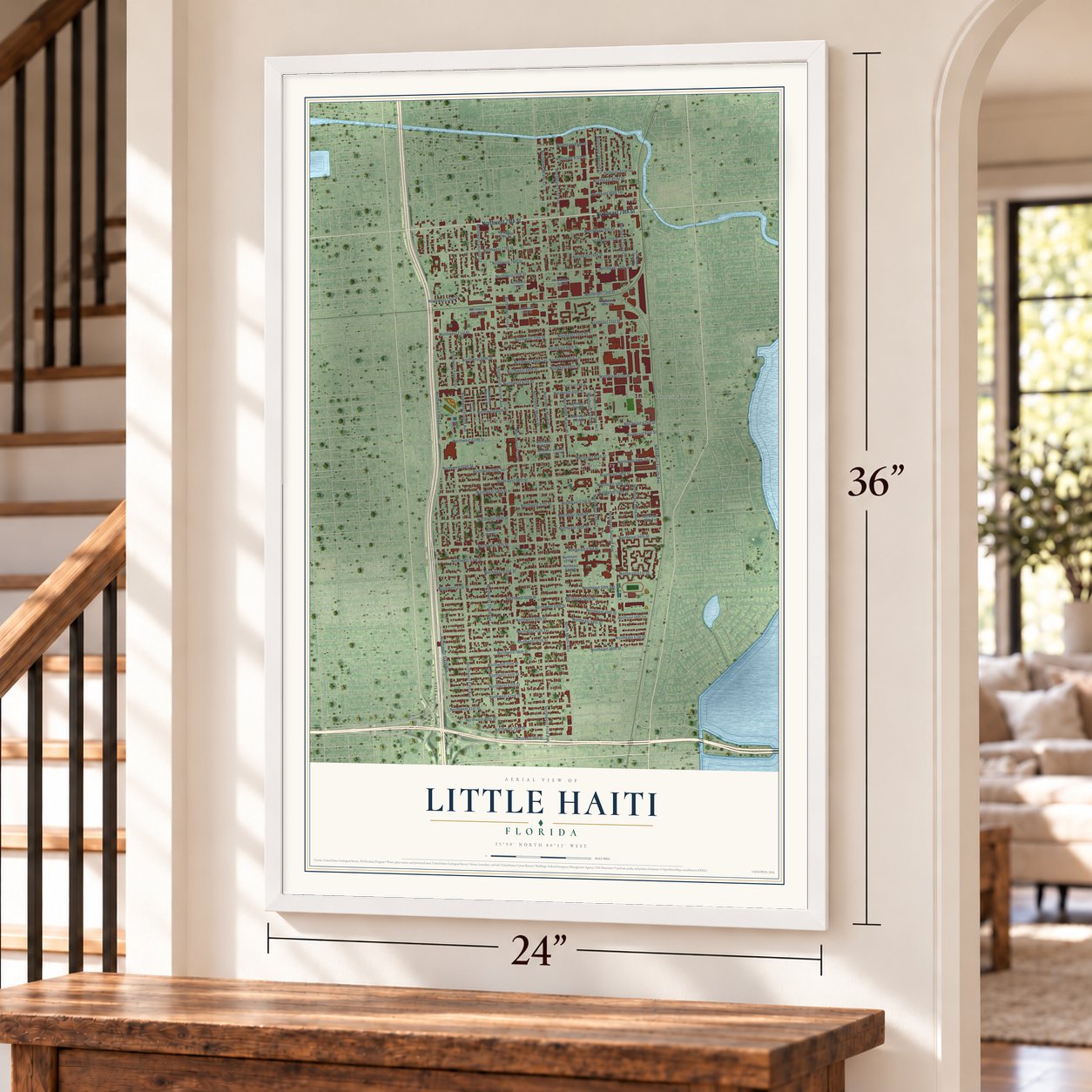 Little Haiti, Florida map, 24 x 36 inch print in a white frame by a staircase