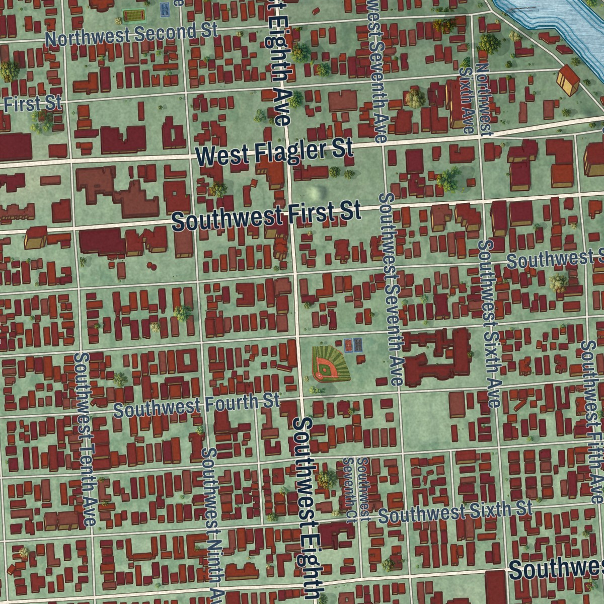 Second close-up of the map of Little Havana, Florida print showing more streets and buildings