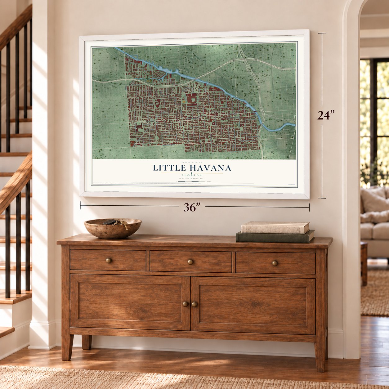 Little Havana, Florida map, 24 x 36 inch print in a white frame above a dresser by a staircase