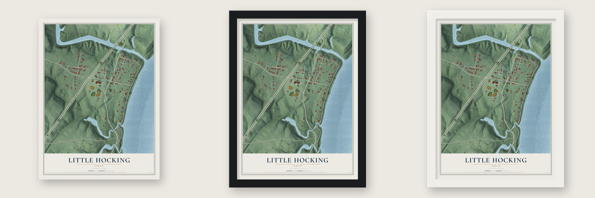 Little Hocking, Ohio map unframed, in a black wood frame and in a white wood frame