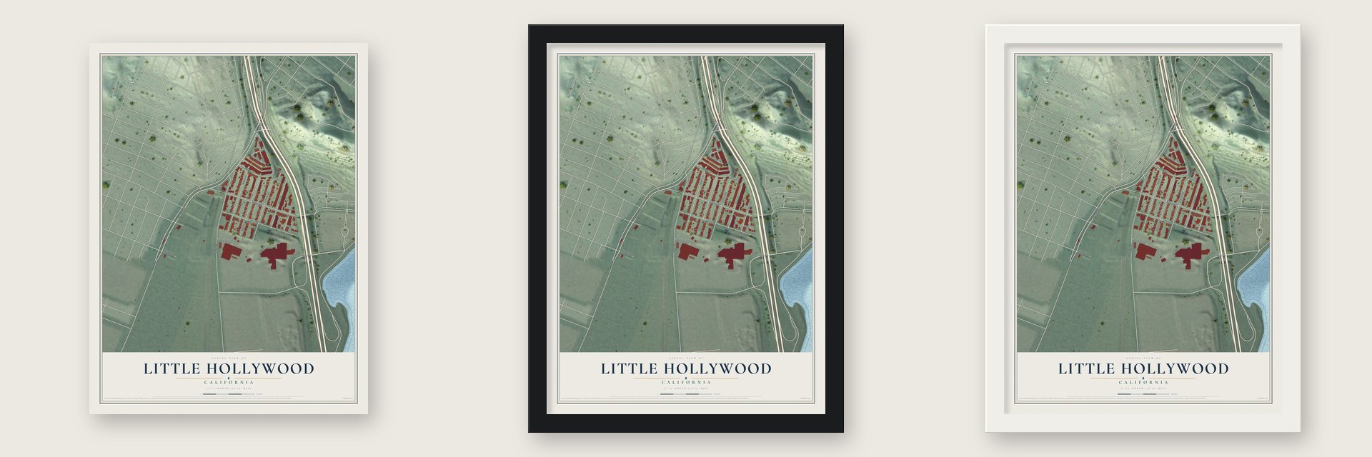 Little Hollywood, California map unframed, in a black wood frame and in a white wood frame