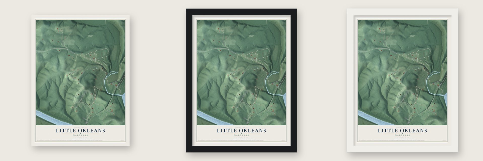 Little Orleans, Maryland map unframed, in a black wood frame and in a white wood frame