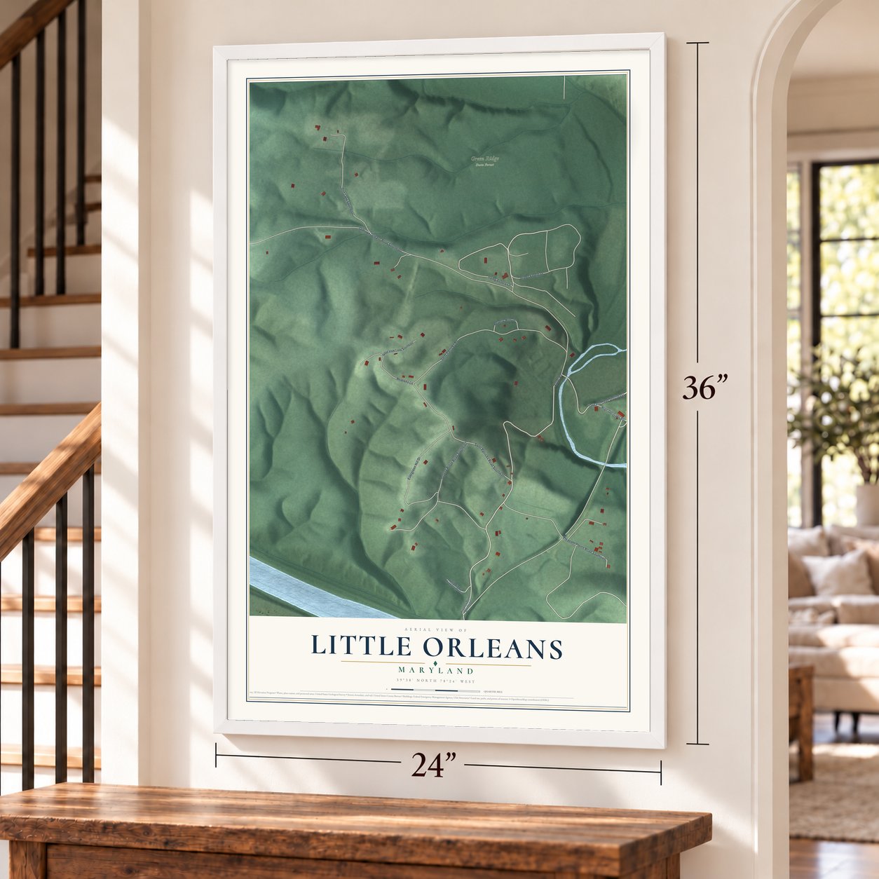 Little Orleans, Maryland map, 24 x 36 inch print in a white frame by a staircase