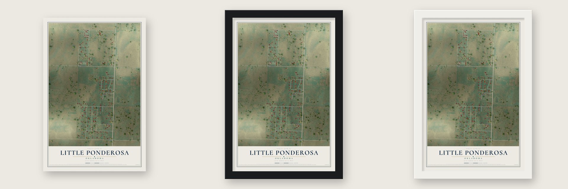 Little Ponderosa, Oklahoma map unframed, in a black wood frame and in a white wood frame