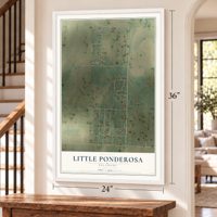 Little Ponderosa, Oklahoma map, 24 x 36 inch print in a white frame by a staircase