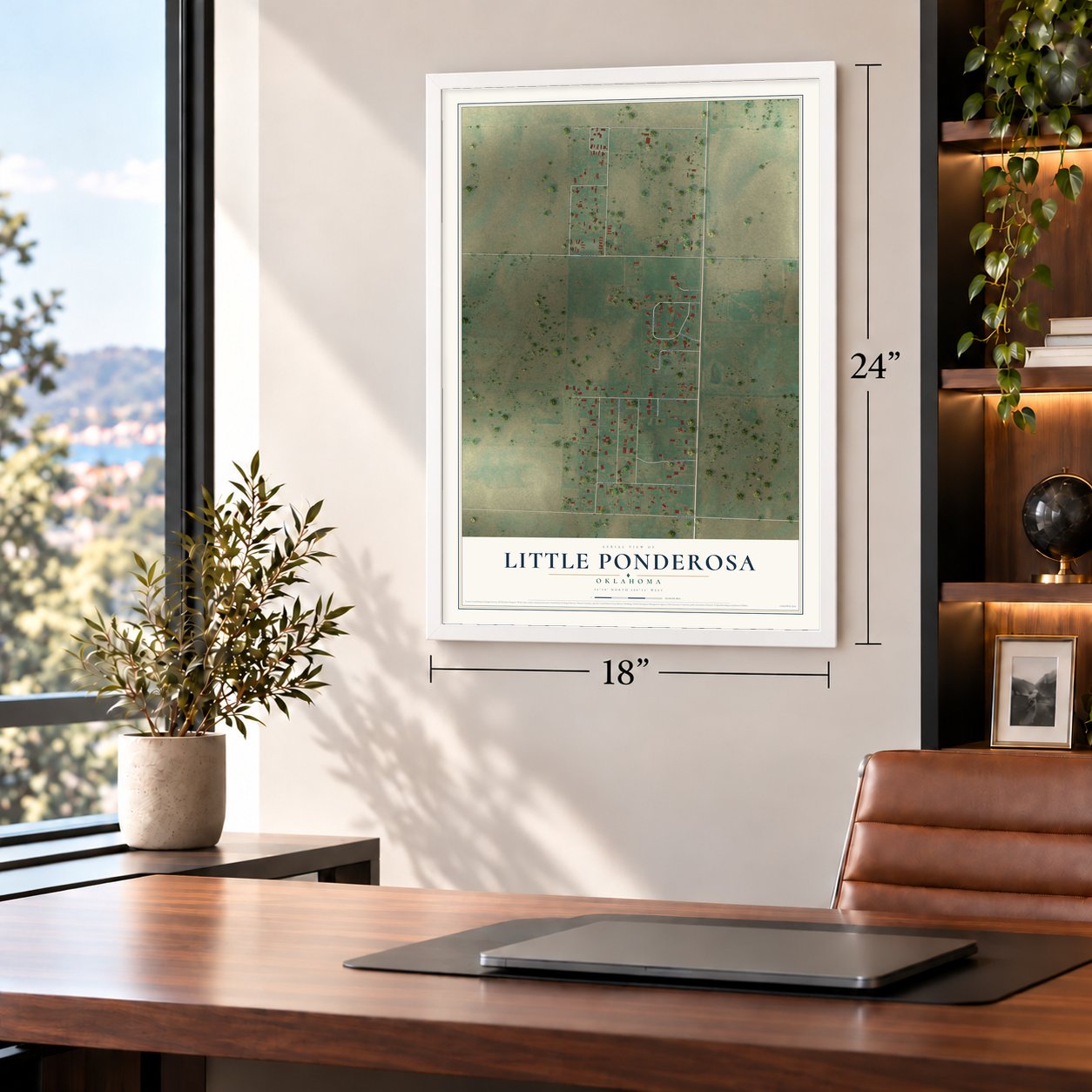 Little Ponderosa, Oklahoma map, 18 x 24 inch print in a white frame in a home office