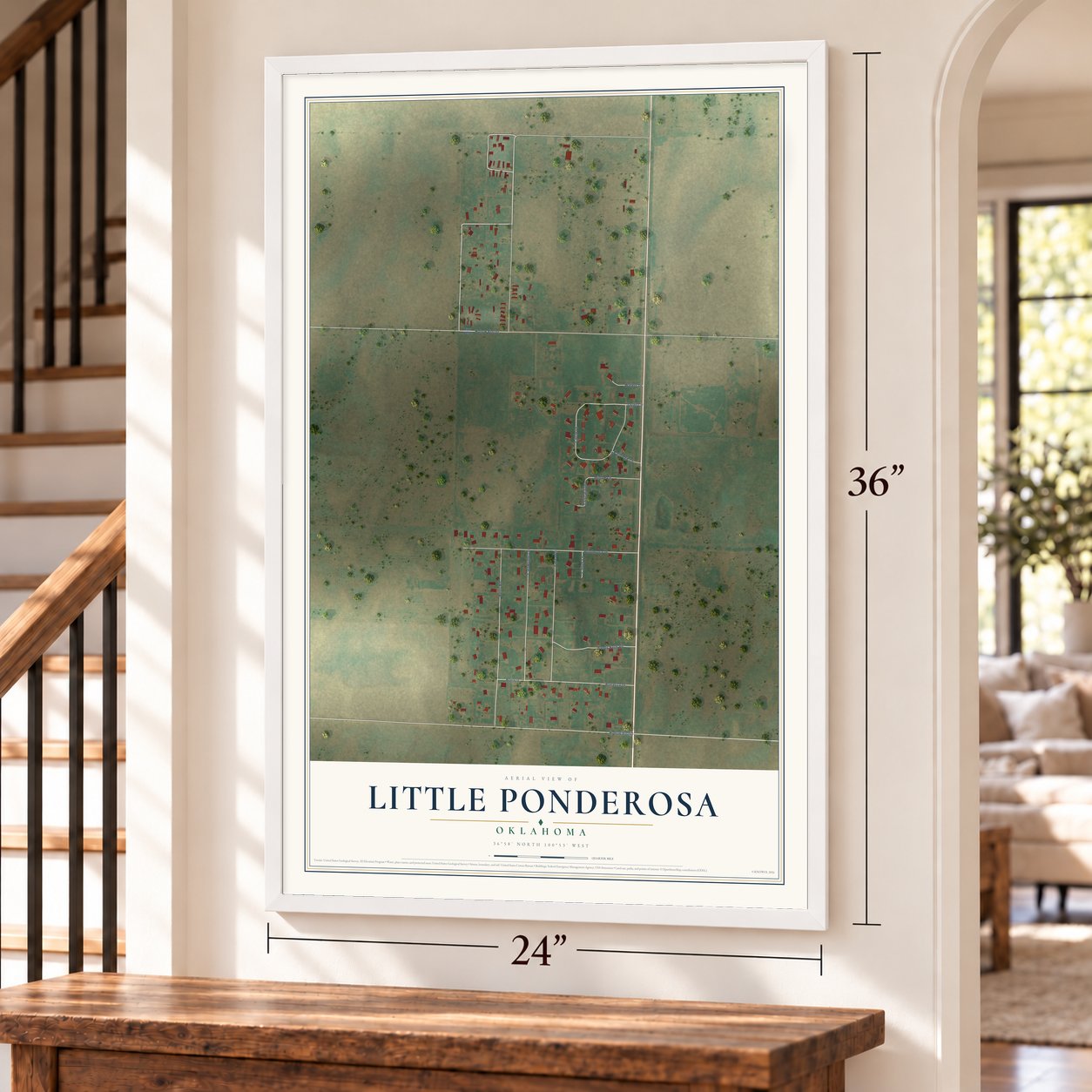 Little Ponderosa, Oklahoma map, 24 x 36 inch print in a white frame by a staircase