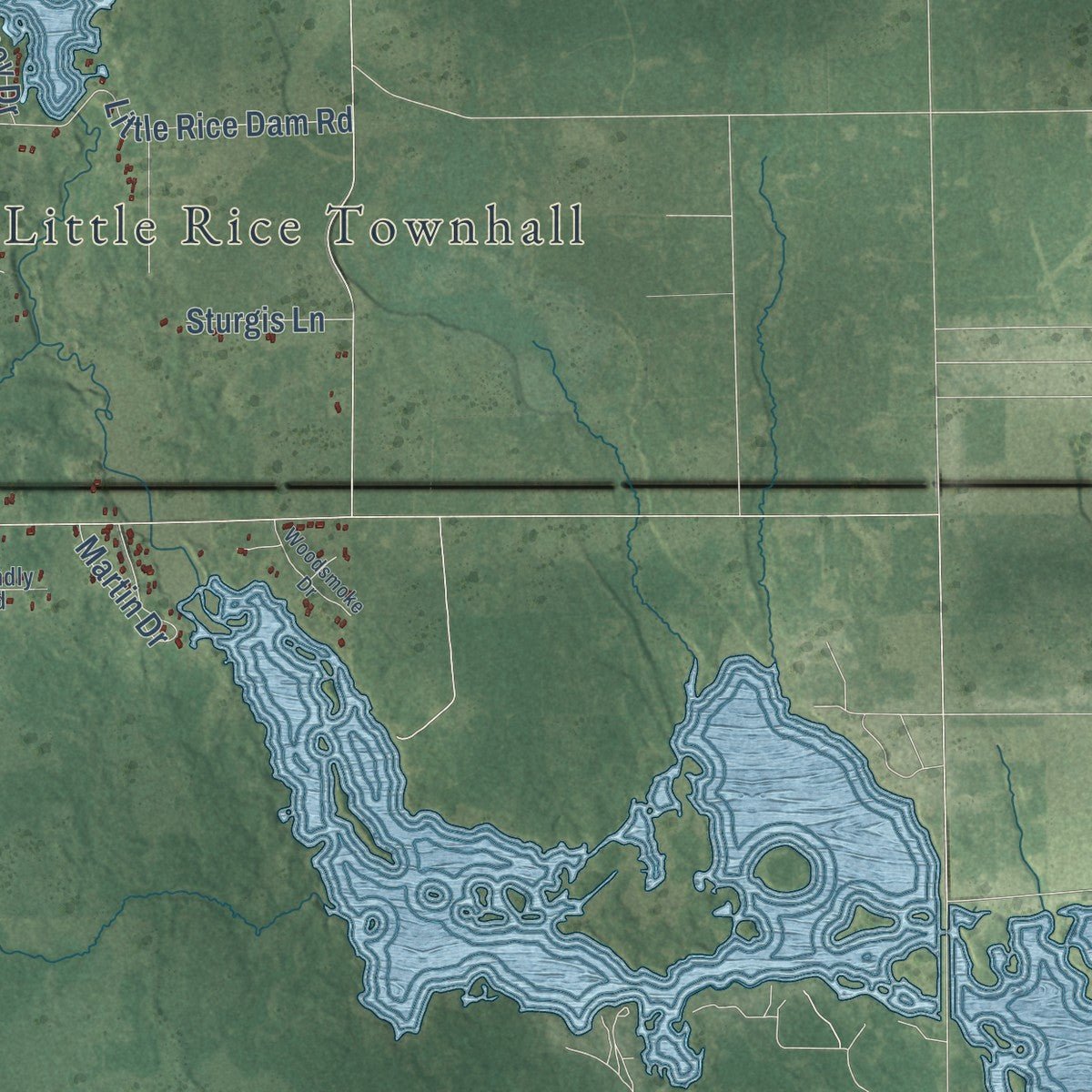 Second close-up of the map of Little Rice, Wisconsin print showing more streets and buildings