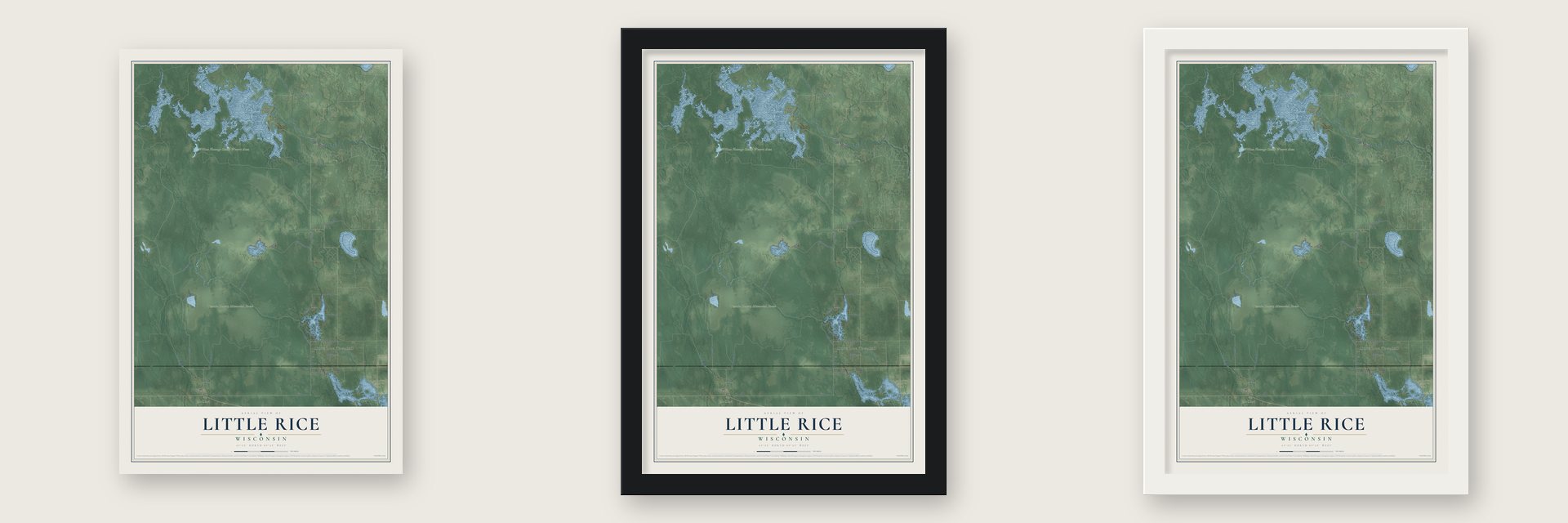 Little Rice, Wisconsin map unframed, in a black wood frame and in a white wood frame