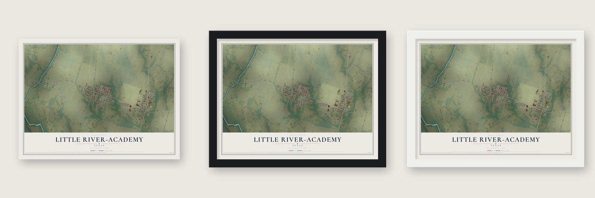 Little River-Academy, Texas map unframed, in a black wood frame and in a white wood frame