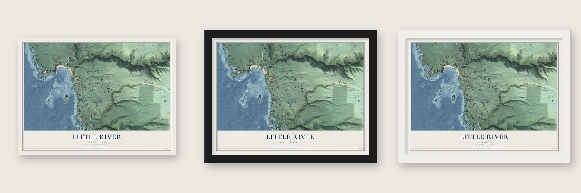 Little River, California map unframed, in a black wood frame and in a white wood frame