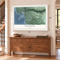 Little River, California map, 24 x 36 inch print in a white frame above a dresser by a staircase