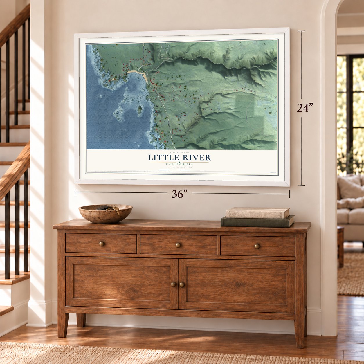 Little River, California map, 24 x 36 inch print in a white frame above a dresser by a staircase