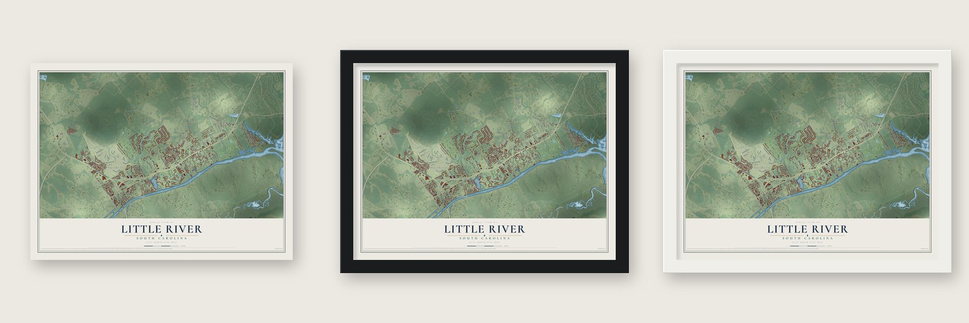 Little River, South Carolina map unframed, in a black wood frame and in a white wood frame