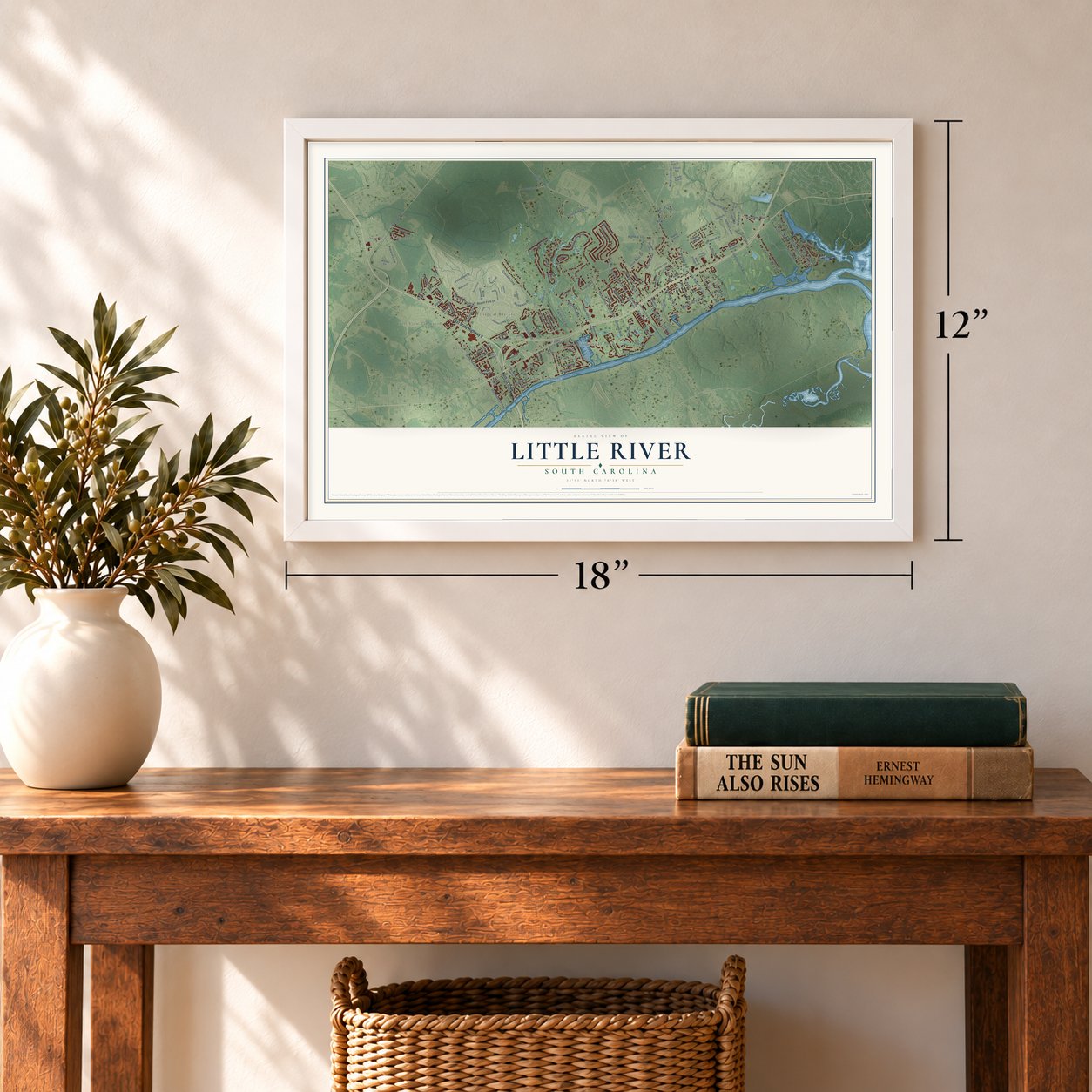 Little River, South Carolina map, 12 x 18 inch print in a white frame in an entryway