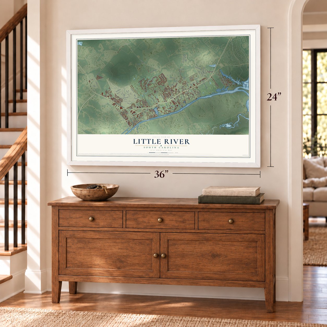 Little River, South Carolina map, 24 x 36 inch print in a white frame above a dresser by a staircase
