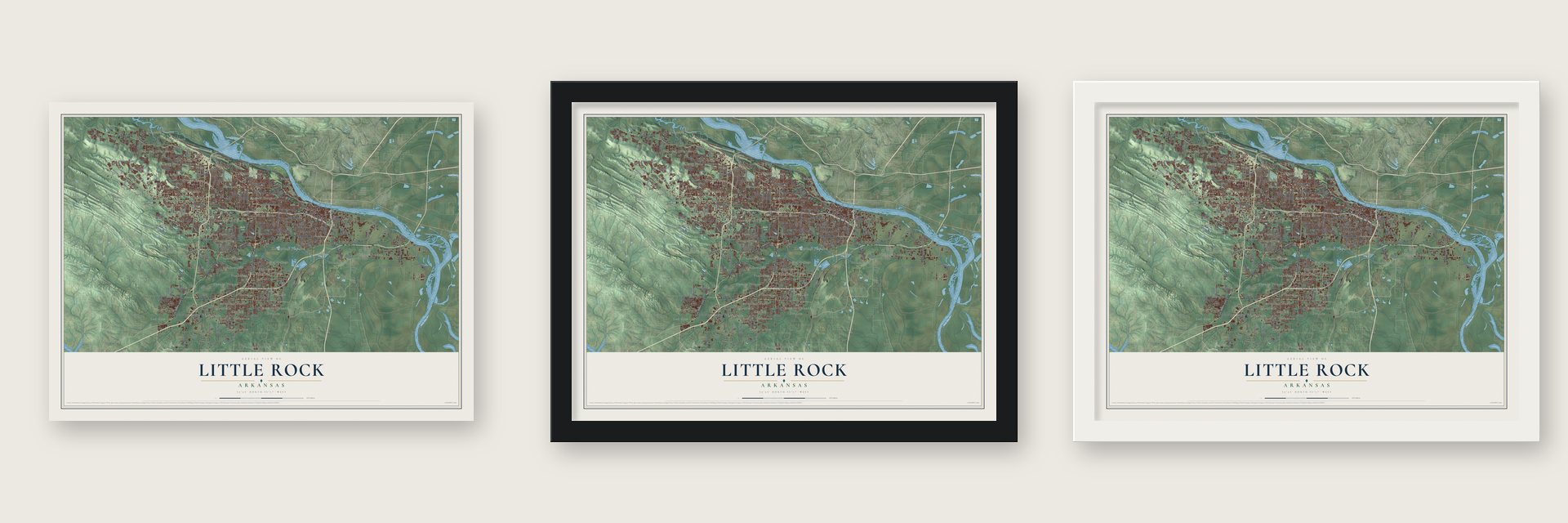 Little Rock, Arkansas map unframed, in a black wood frame and in a white wood frame