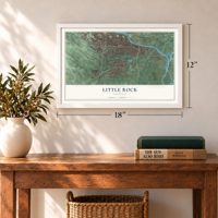 Little Rock, Arkansas map, 12 x 18 inch print in a white frame in an entryway