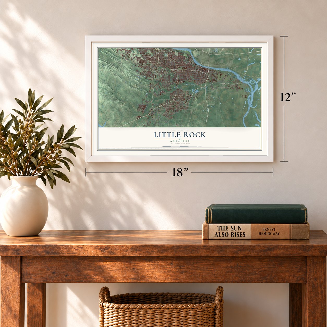 Little Rock, Arkansas map, 12 x 18 inch print in a white frame in an entryway
