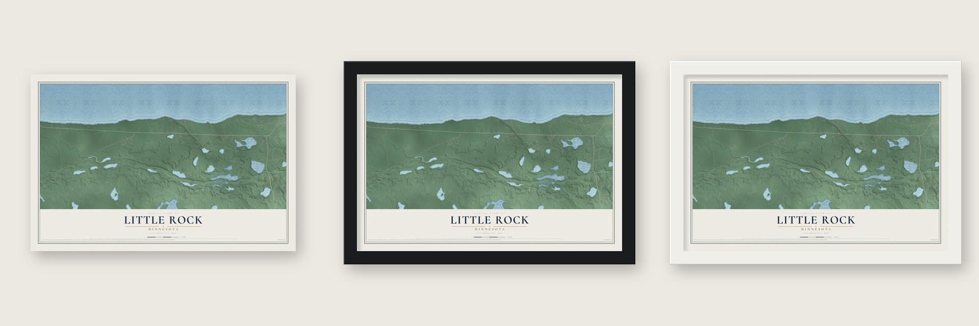 Little Rock, Minnesota map unframed, in a black wood frame and in a white wood frame