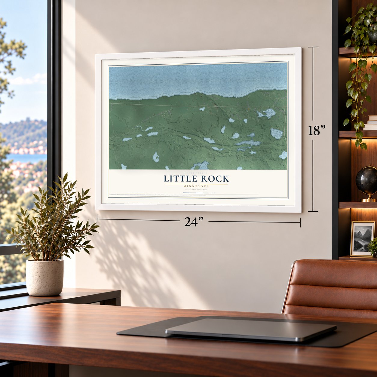 Little Rock, Minnesota map, 18 x 24 inch print in a white frame in a home office