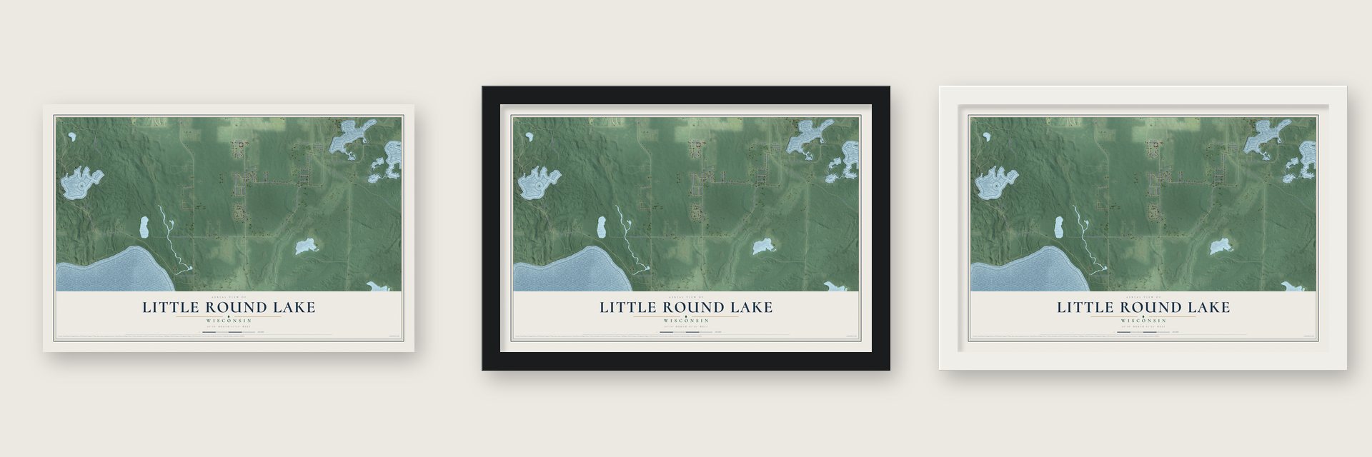 Little Round Lake, Wisconsin map unframed, in a black wood frame and in a white wood frame