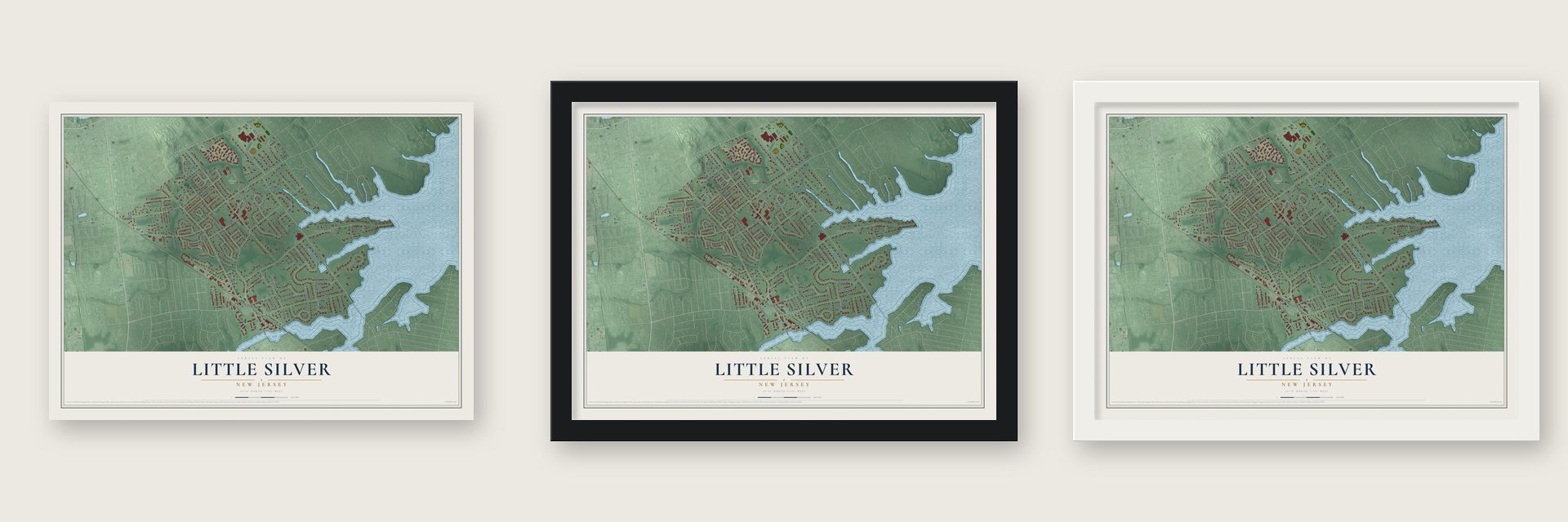 Little Silver, New Jersey map unframed, in a black wood frame and in a white wood frame