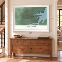 Little Silver, New Jersey map, 24 x 36 inch print in a white frame above a dresser by a staircase