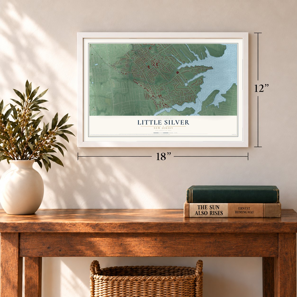 Little Silver, New Jersey map, 12 x 18 inch print in a white frame in an entryway