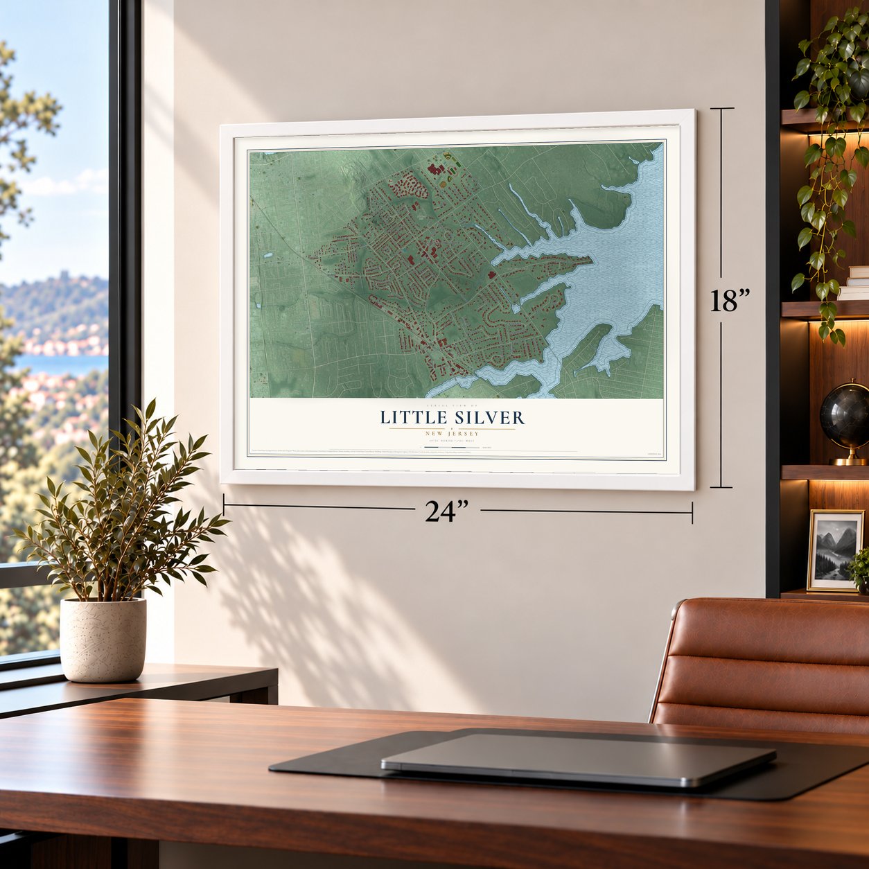 Little Silver, New Jersey map, 18 x 24 inch print in a white frame in a home office
