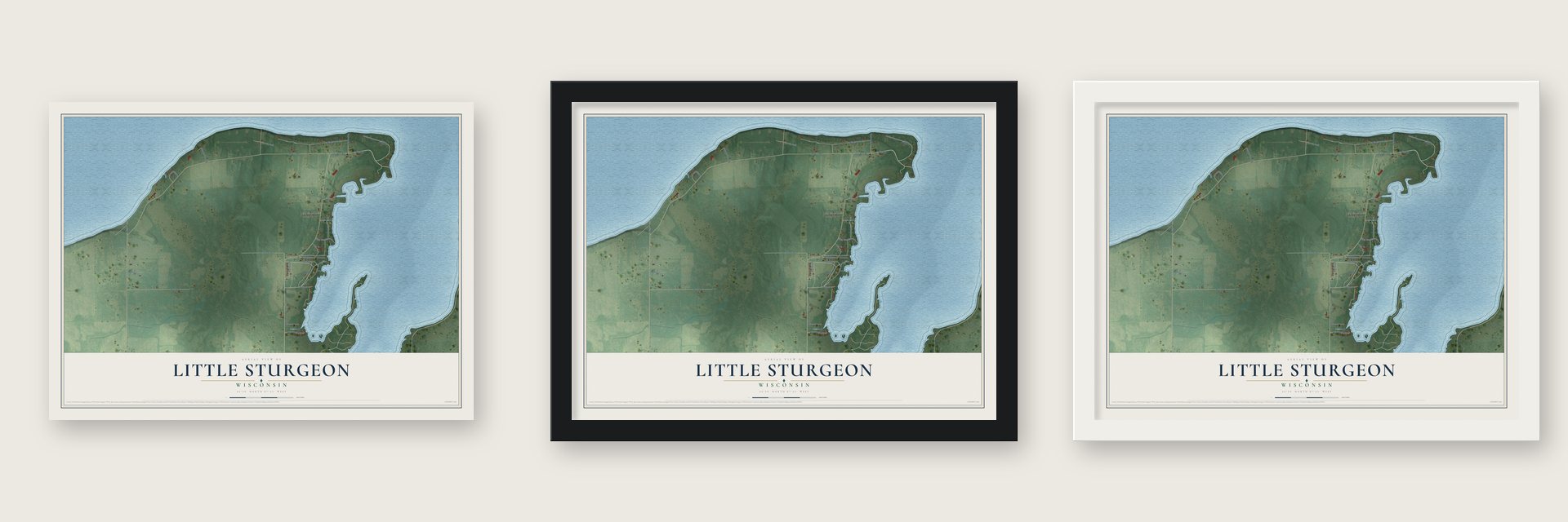 Little Sturgeon, Wisconsin map unframed, in a black wood frame and in a white wood frame