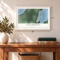 Little Sturgeon, Wisconsin map, 12 x 18 inch print in a white frame in an entryway